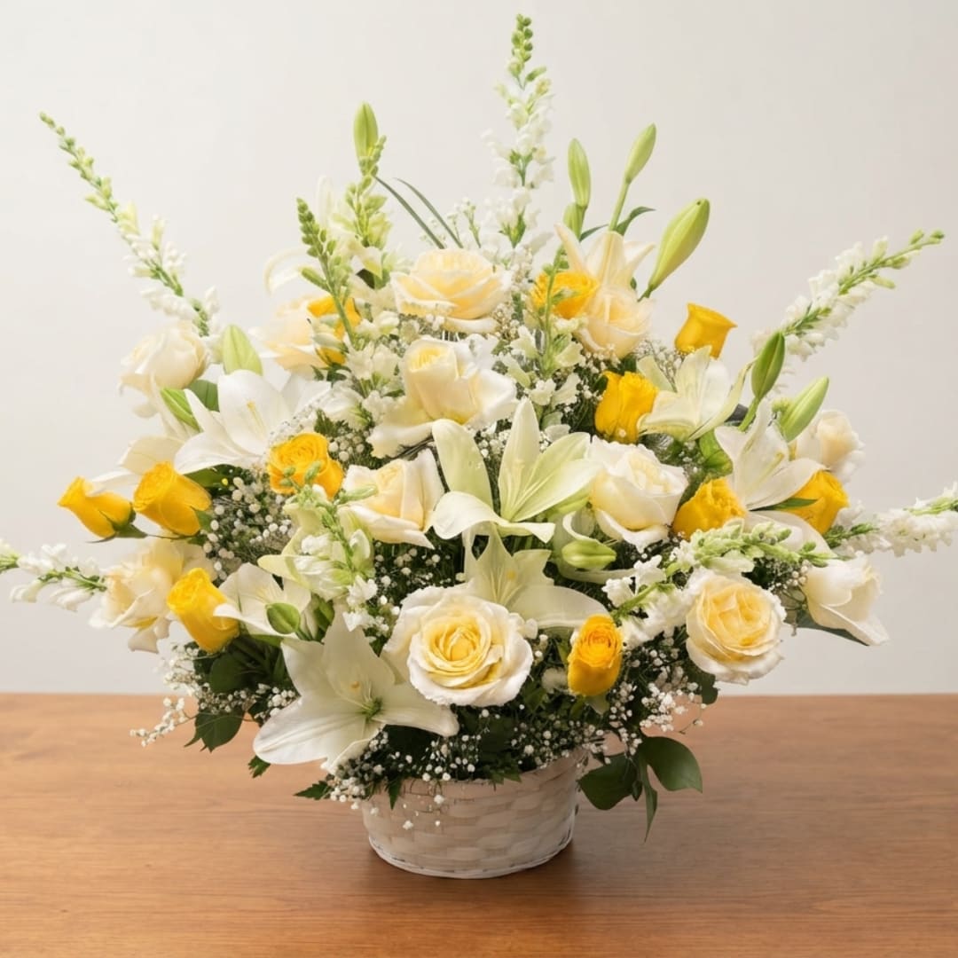 White and yellow floral arrangement in a woven basket