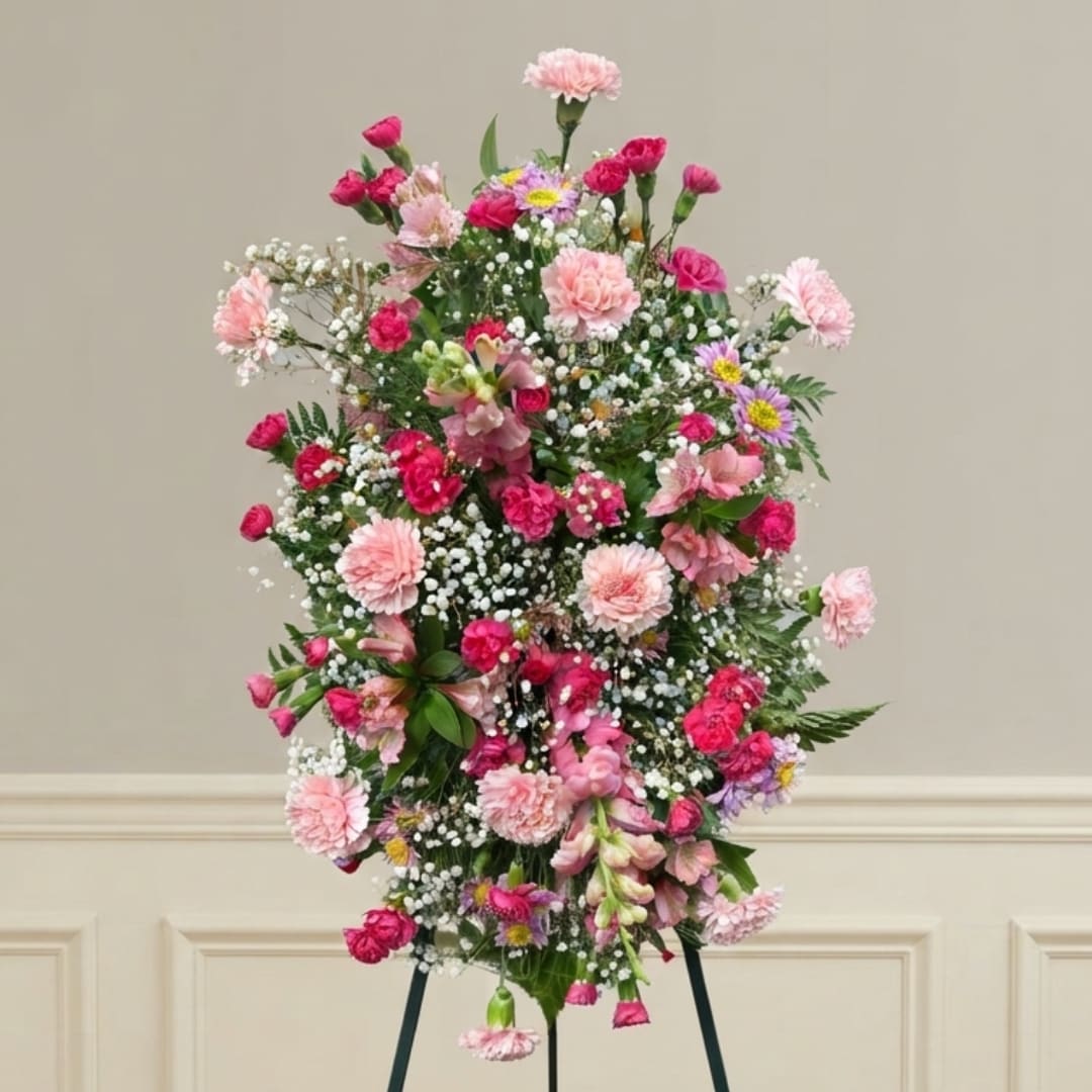 Tall standing floral spray with pink and white flowers on an easel