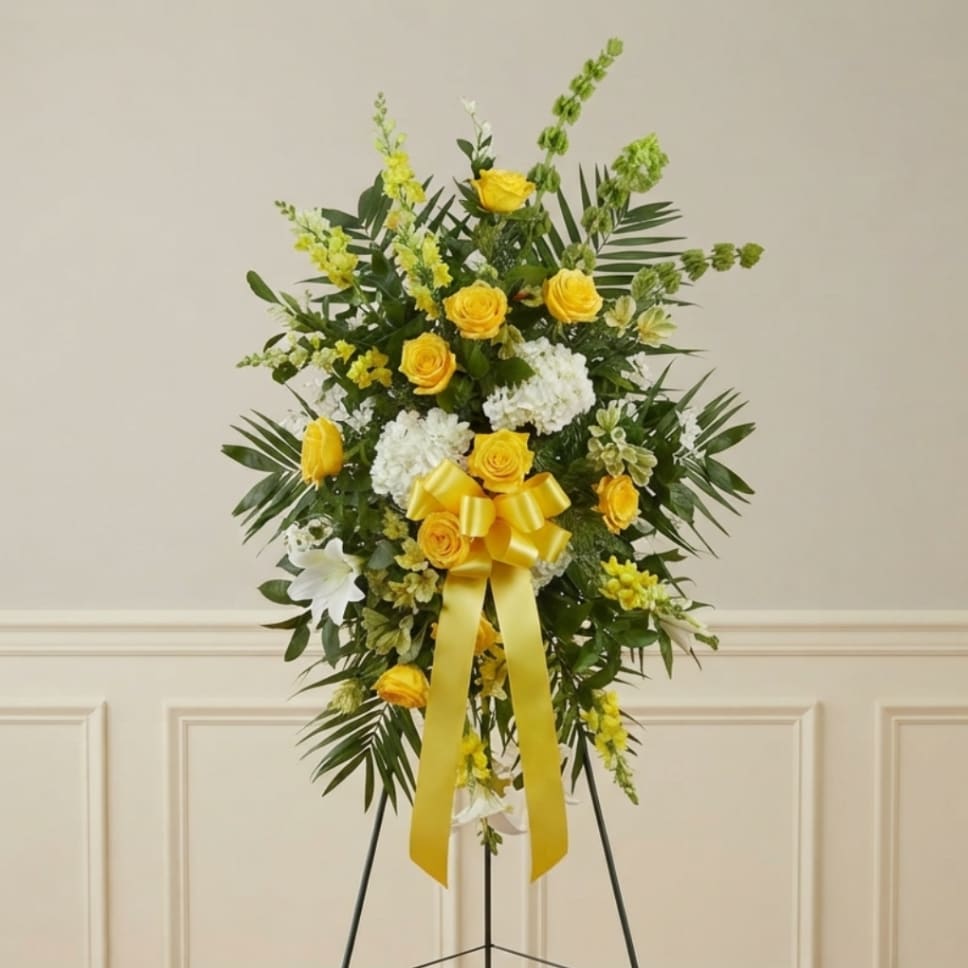 Yellow and white floral standing spray with a yellow ribbon on an easel
