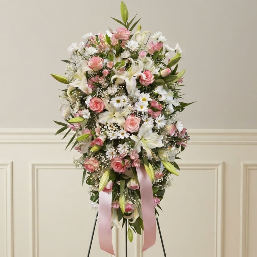 Pink and white floral standing spray with ribbon streamers