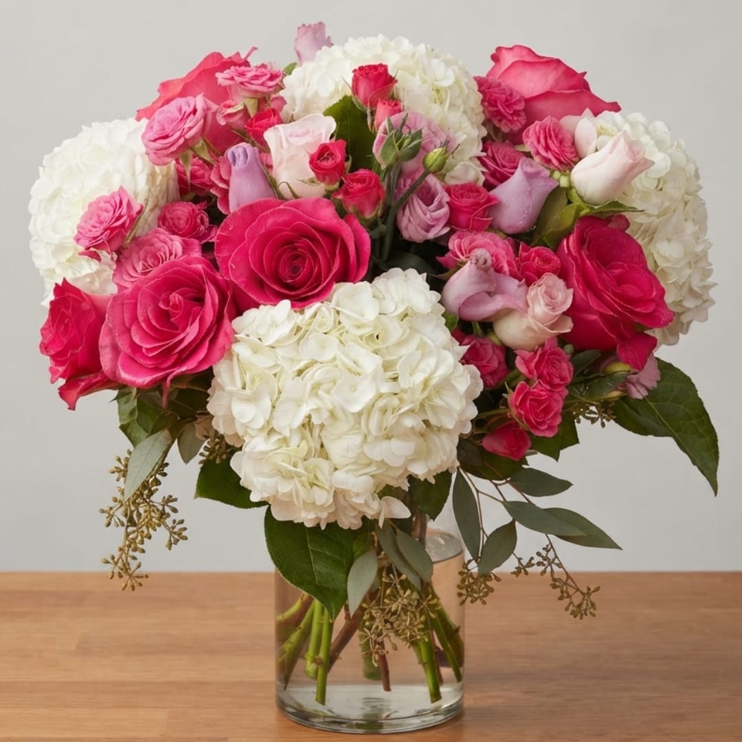 Pink and white rose bouquet in a clear glass vase