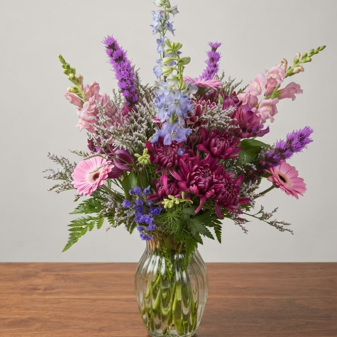 Mixed pink, purple, and blue flowers in a clear glass vase