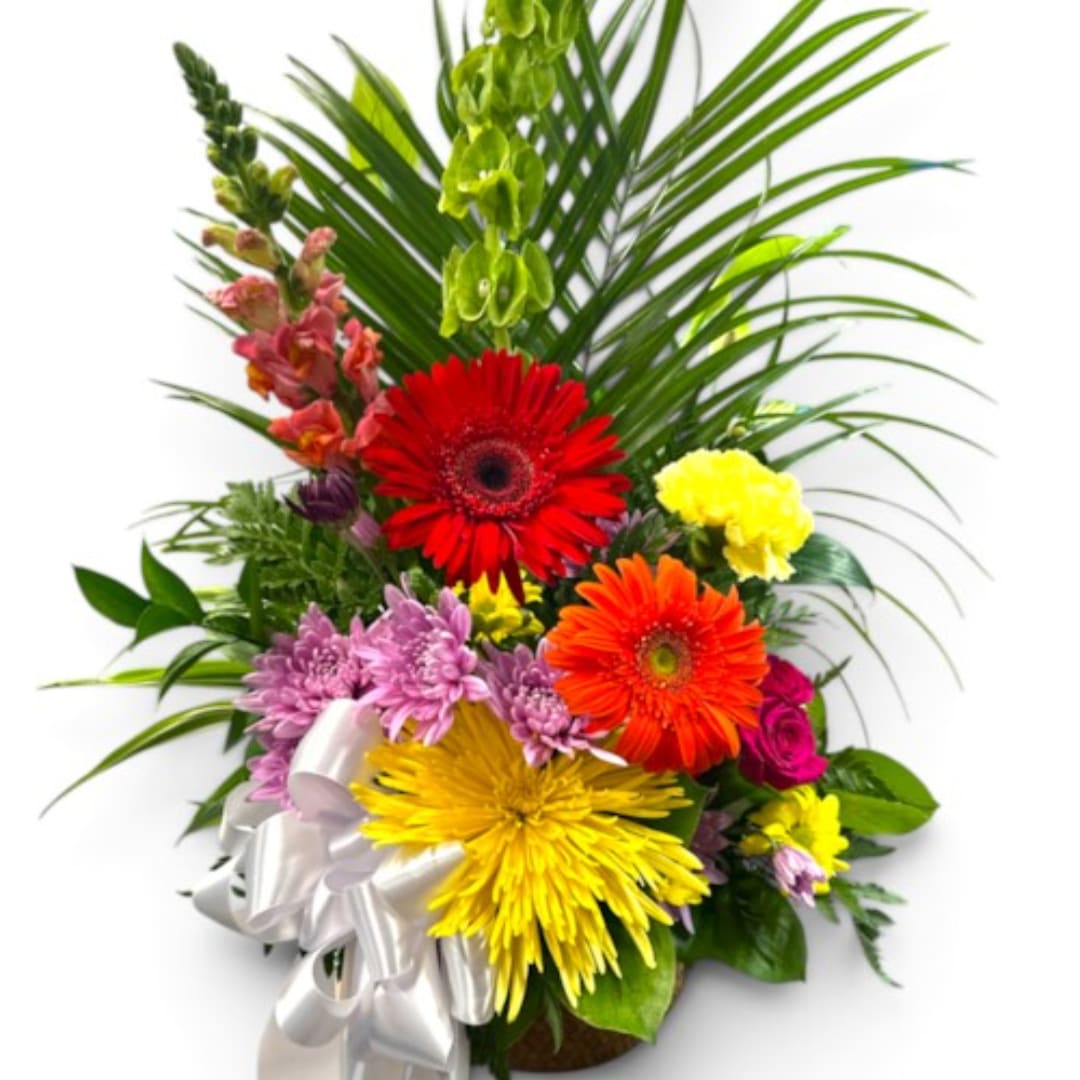 Colorful mixed flower arrangement with a white ribbon bow