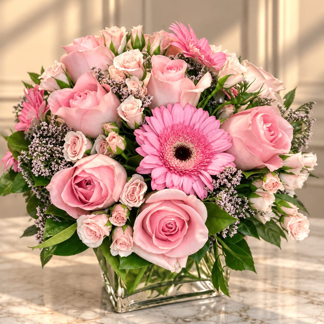 Pink roses and gerbera daisies arranged in a clear square vase