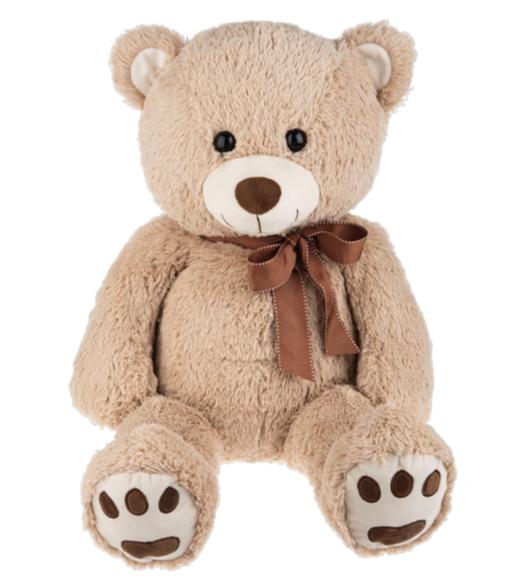 Large tan teddy bear with brown bow sitting upright facing forward