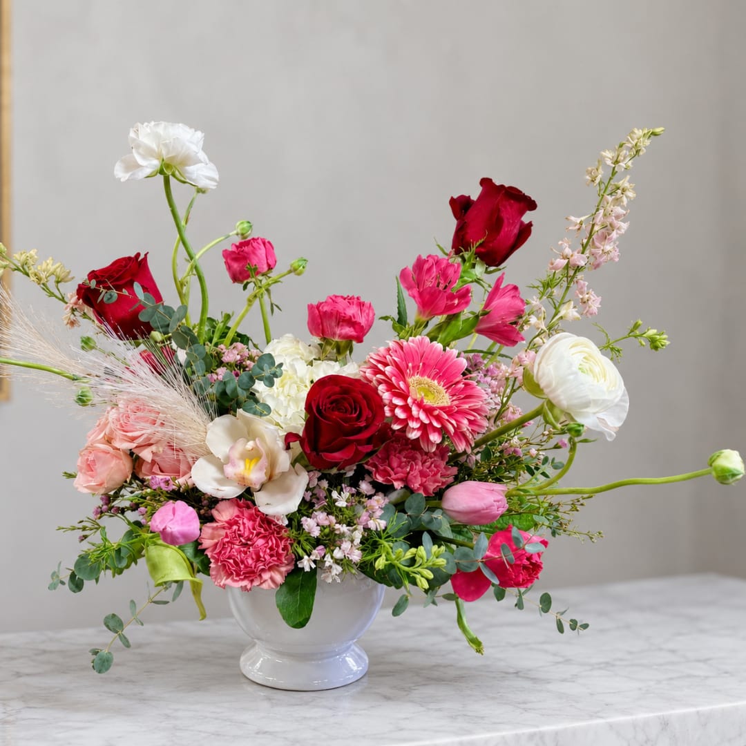 Mixed pink and red flower arrangement in a white vase