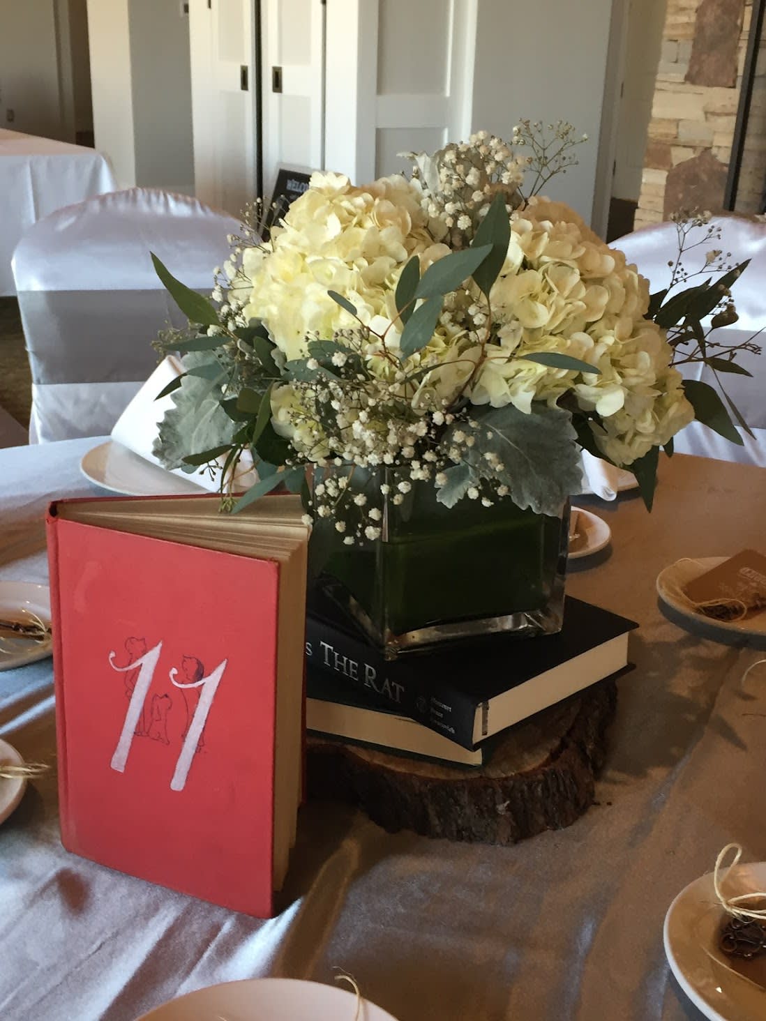 The Classical Hemingway Centerpiece - This classical center piece is designed with white hydrangaes and babies breath in a short vase. Availability: All year round Design View: All Facing View  Large quantites ust be order 5 days before event.