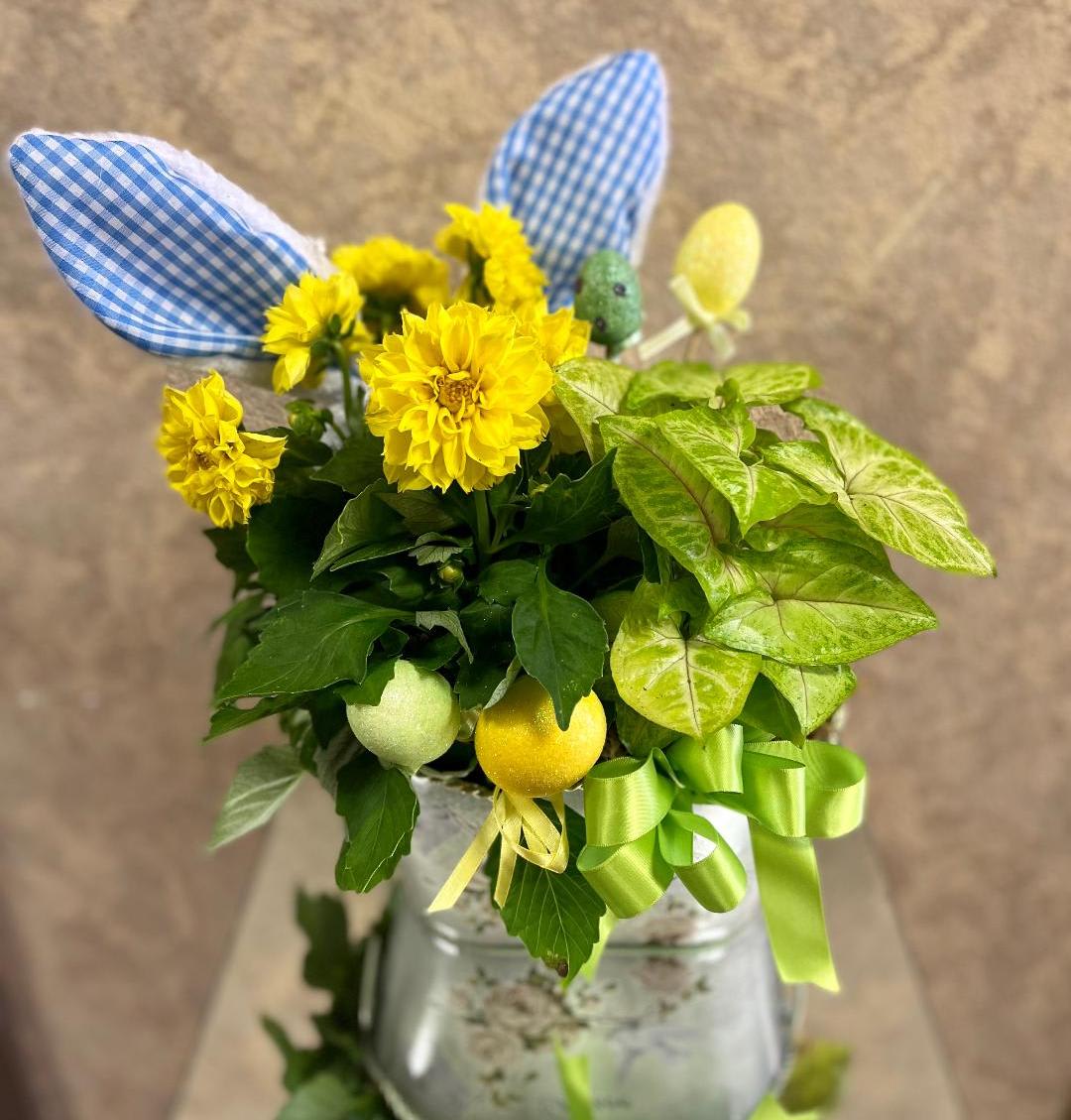 Some Bunny Loves You - Dahlia plant with Bunny ears, Easter eggs, and green ribbon.  Type of Flowers: Purple Stock, Red Roses, Pink Stargazer, Green Hydrangeas, Fuji Mums and green succulent in a short vase. Availability: March-September Substitute Available: Yes Design View: Symmetric Front Facing View Photo shown: Regular 