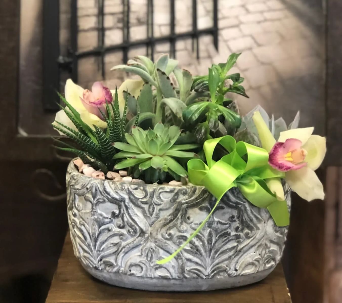 Lucca, Italy - Type of Flowers: Mix of four succulents with Phalaenopsis Orchids and ribbon in a ceramic pot.  Availability: All year round Substitute Available: Yes Design View: Symmetric Front Facing View Photo shown: Regular