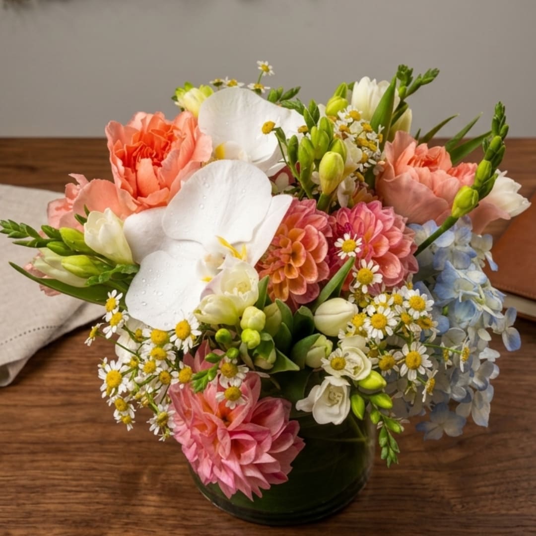 Mixed bouquet with white orchids, pink blooms, and blue hydrangea in a glass vase