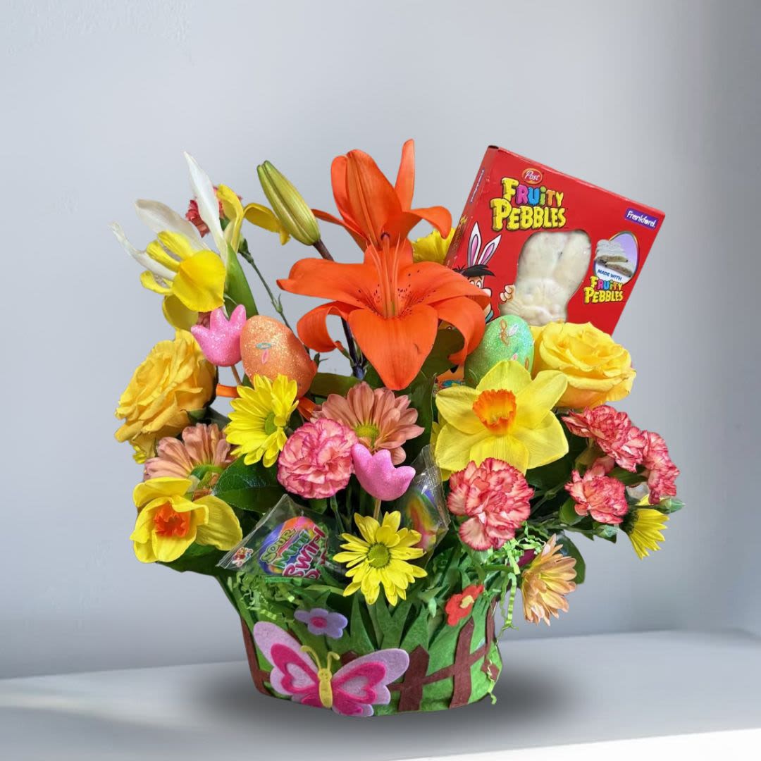 Colorful flower basket with candy and a Fruity Pebbles box