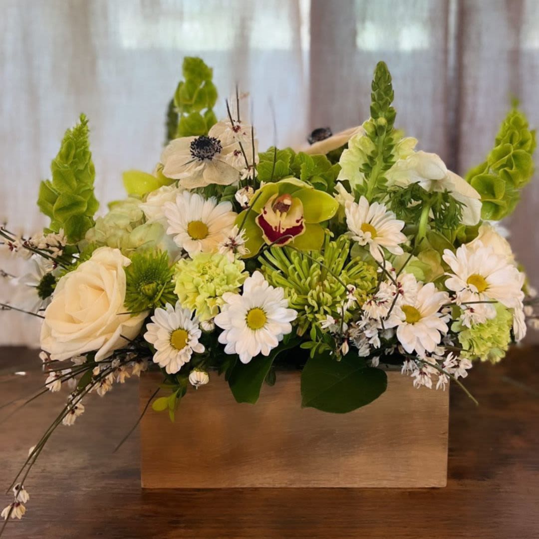 Friendly Daisies - Recipe: White Daisies, Seasonal Anemones, White Roses, Green Cymbidium Orchids, Bells of Ireland, Fuji Chrysanthemums, Green Carnations, and more in a local, handmade wood box. Seasonal: Anemones Orientation: Front Facing View Photo shown: Standard 