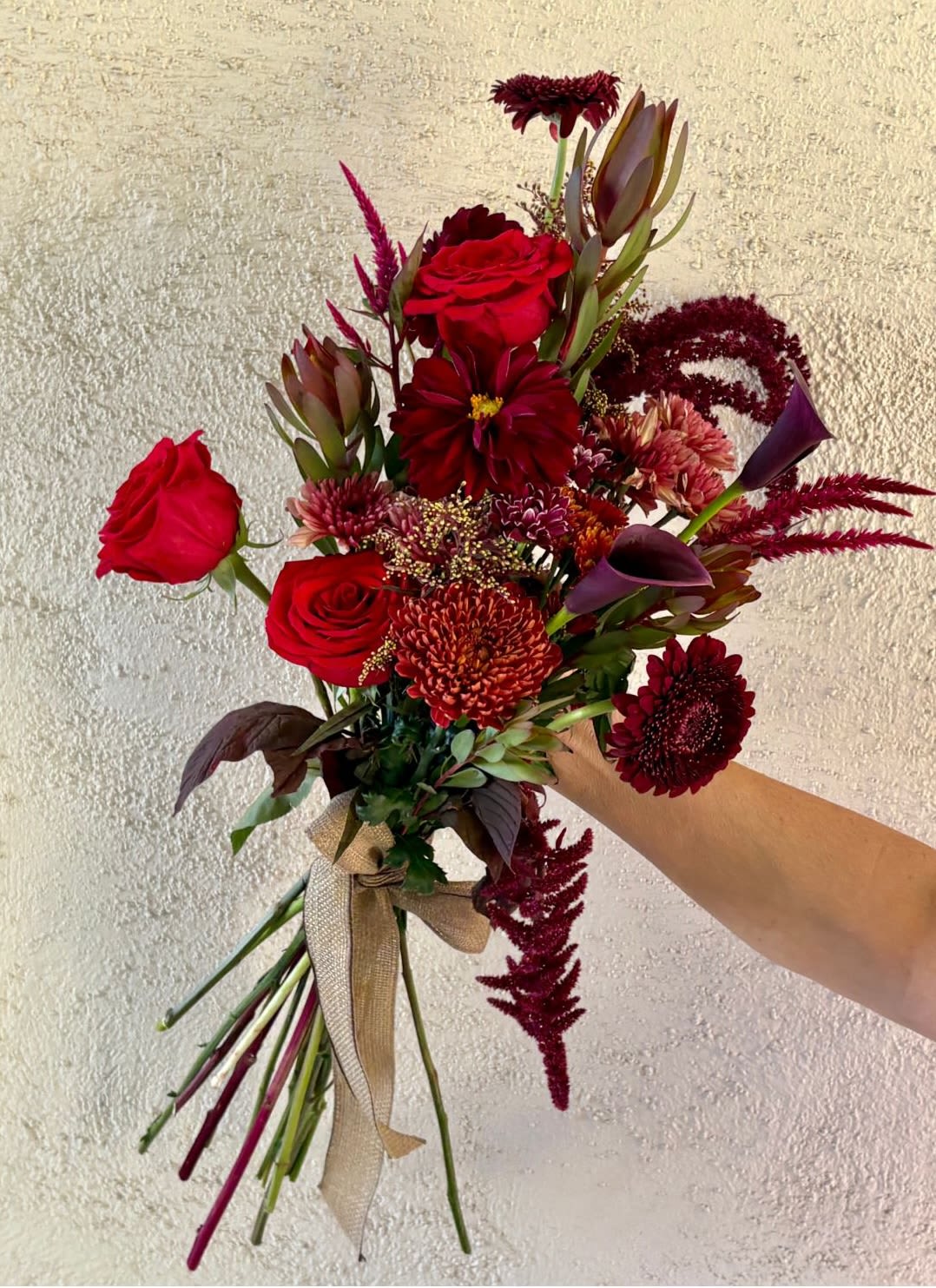 FRESH DROP NO 5 - This drop brings October vibes with dark purples and reds including Black Calla Lilies, Seasonal Dahlias, Roses, Gerbera Daisies, Amaranthus, Chrysanthemums, and seasonal leaves.  Purchase Standard for hand-held bouquet with paper and ribbon. Purchase Deluxe or Premium for arrangement designed in a vase.  LIMITED AVAILABILITY