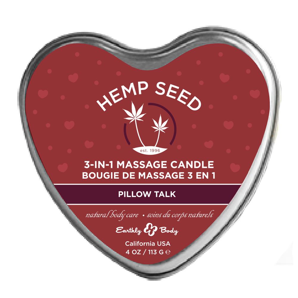 Hemp Seed 3-In-1 Massage Candle Pillow Talk 4.7 oz. - Made with completely natural, high end ingredients that nourish and moisturize skin while adding a dreamily smooth, friction-free glide to hands-on touch, Pillow Talk's melty, indulgent scent and silky texture helps soothe away stress and tension. To use, light up the candle and place it somewhere safe while the wax melts into a super smooth moisturizing oil and an incredible scent and sexy glow fills the room. Next, blow out the candle, and drizzle or spoon the pleasantly heated wax over your/your partner's body. Anyone with sensitive skin will appreciate the truly natural ingredient list, you can pronounce and recognize everything, from soybean, coconut, hemp seed, apricot, jojoba and avocado oils to nourishing Vitamin E. The Pillow Talk 3-1 Hempseed Massage Candle brags a burn time of several hours. Unused wax will solidify as it cools, letting you enjoy the oil as long as it lasts. Contains 6oz (170gl) of oil.