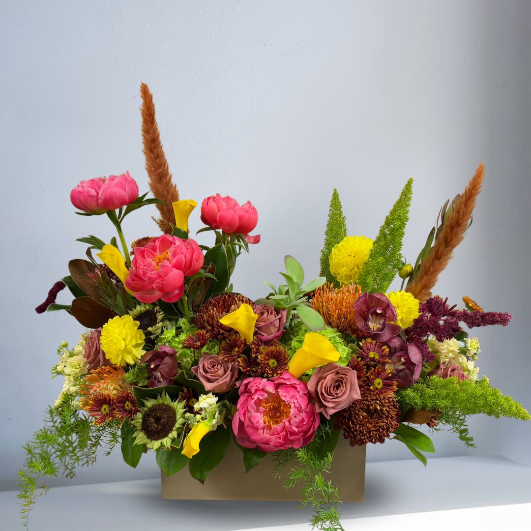 Grandeur Autumn Joyful Radiance - This grand front facing view design contains all premium flowers including calla lilies, peonies, and much more.