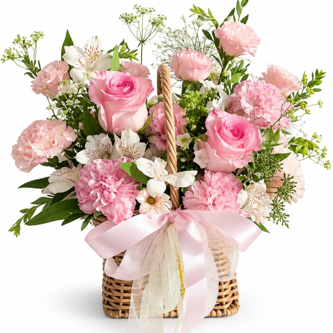 Pink and white flower arrangement in a wicker basket with a ribbon bow