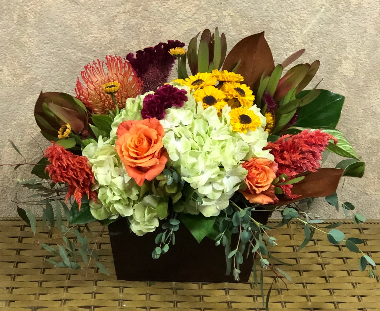 Let There Be Fall - Type Of Flowers: Orange Roses, Amaranthus, Cushion Protea, Hydrangeas, Lilies.