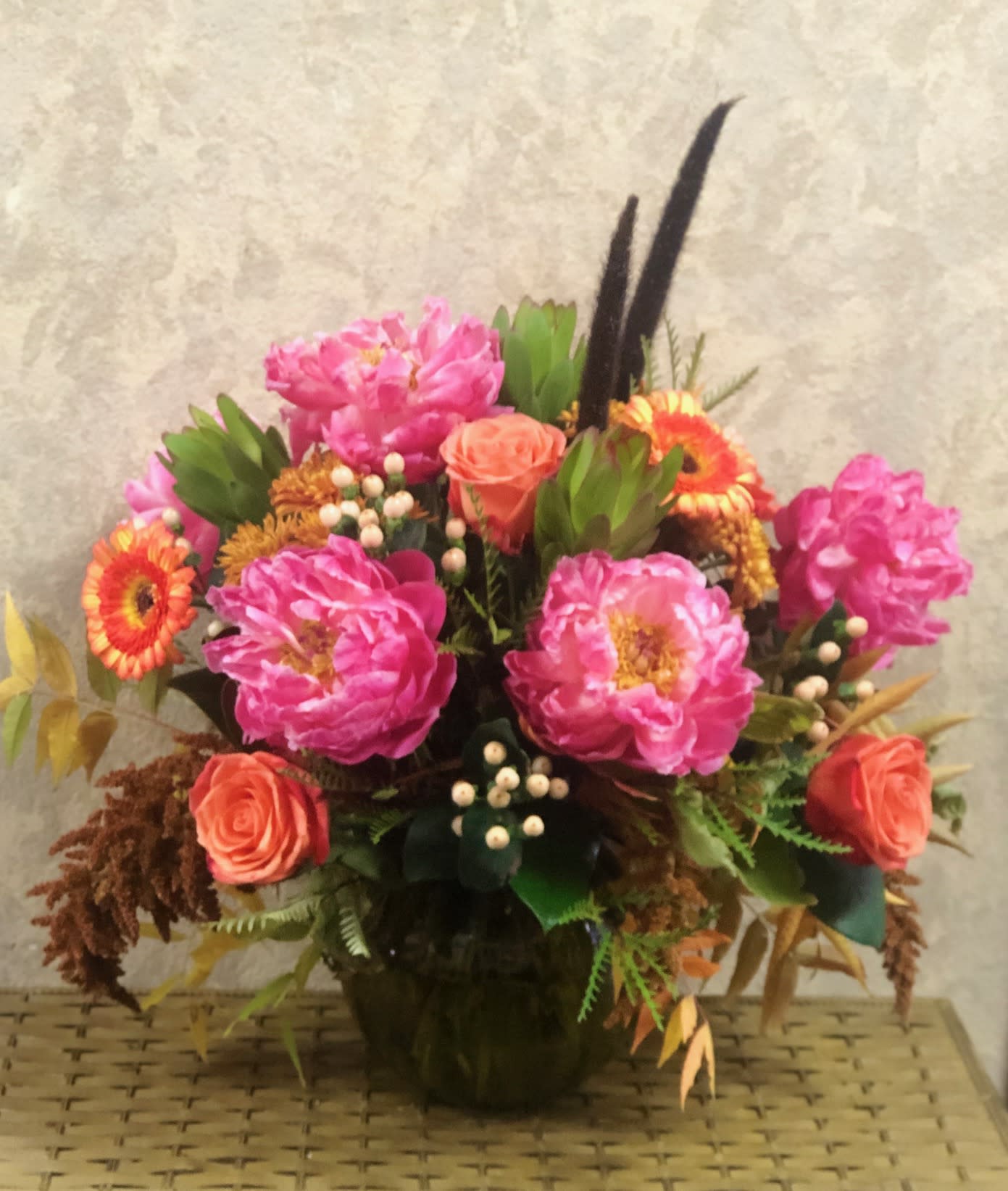 Golden Fancy Peonies - *Only 1 Available, Special Edition* Type of Flower: Orange roses, Amaranthus, Peonies, Fall Leaves, Berries, Gerbera Daisies. Crystal Olive Green Vase. Vintage