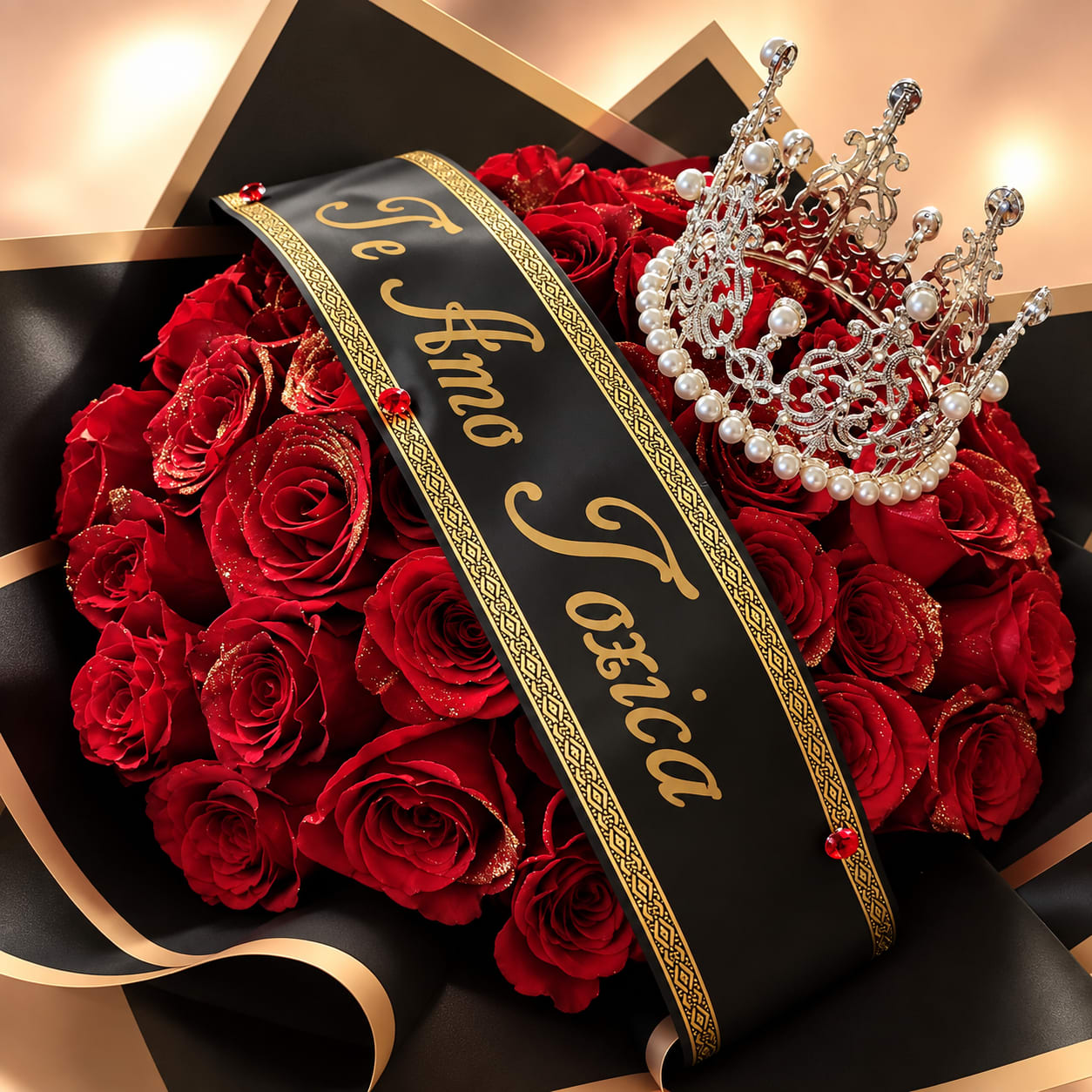 Red roses arranged with a black ribbon and jeweled crown