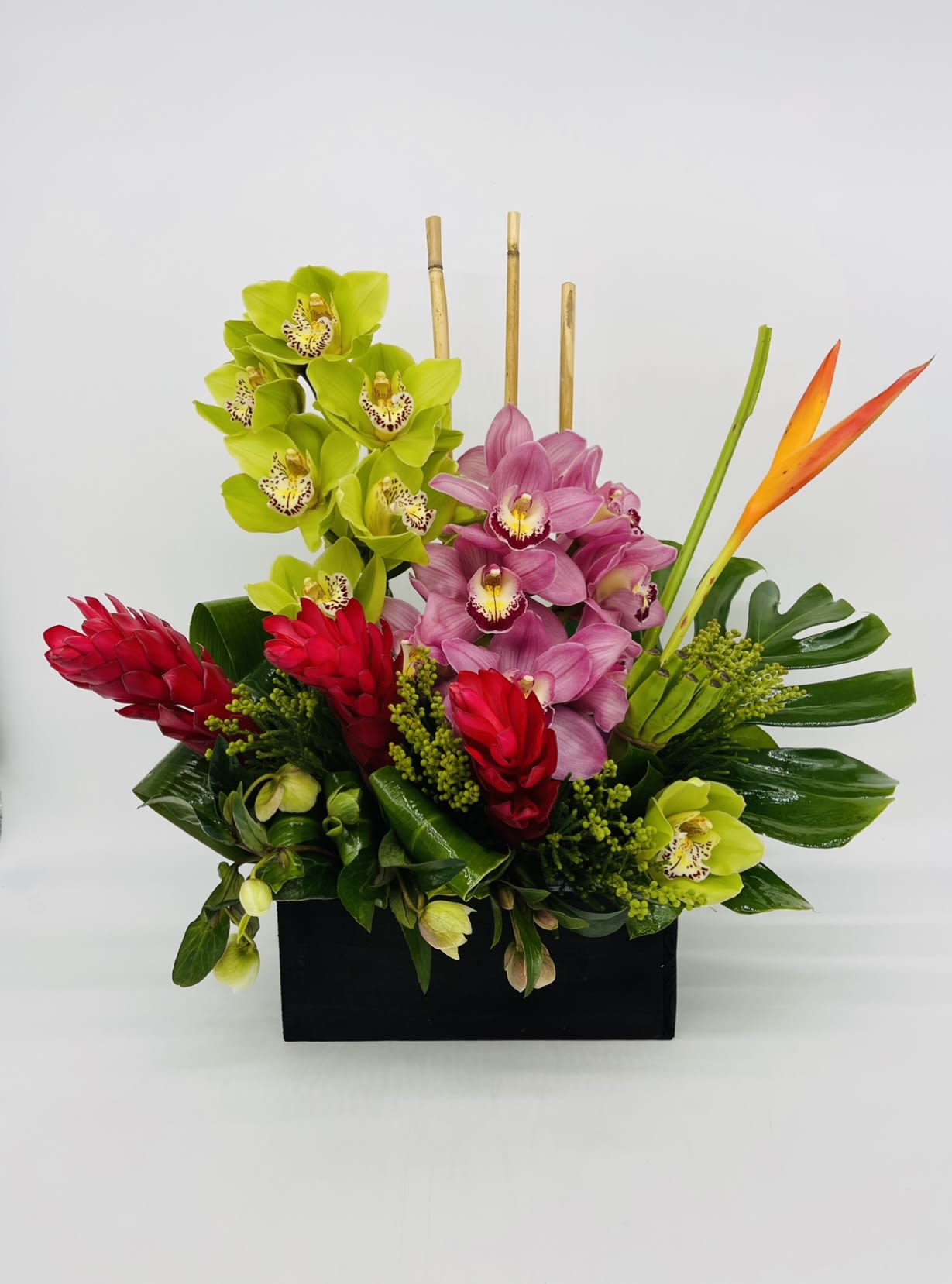 Tropical arrangement with green and pink orchids, red gingers and a bird of paradise in a black rectangular box
