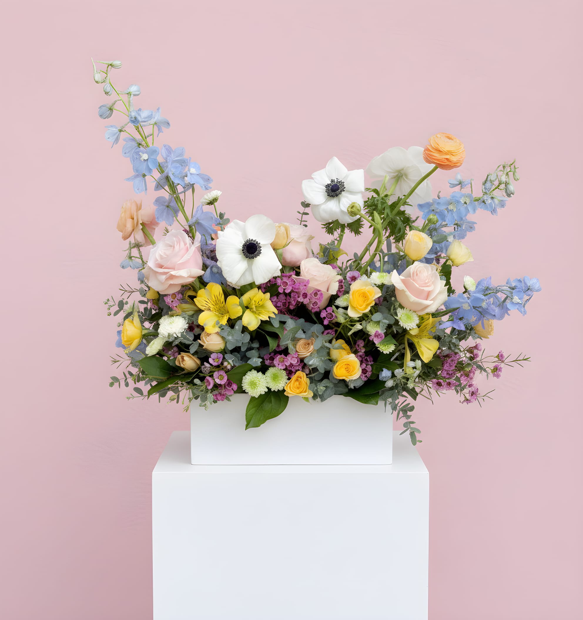 Pretty Girl - A pretty mix of pastel,  premium blooms which include roses, lisianthus, ranunculus, anemone, delphinium and a mix of spray roses and mums.  They are all beautifully arranged in a white 5x10" ceramic vase.
