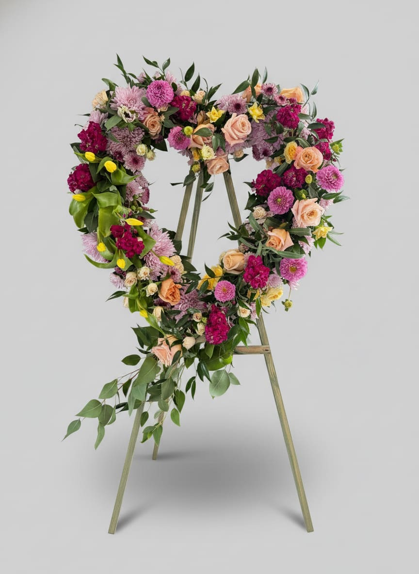 LF421  Garden Of Love Heart Spray  - Celebrate a beautiful life with the Garden of Love Heart Spray, a graceful tribute featuring an abundance of soft pinks, peach roses, vibrant blooms and lush greenery.  This spray symbolizes everlasting love, cherished memories, and the lasting bond shared with a loved one. Flower varieties and color palettes may vary based on seasonal availability and personal preferences. 