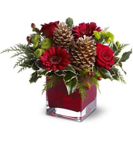 Red roses and gerbera daisies with pinecones and green accents in a red glass cube vase