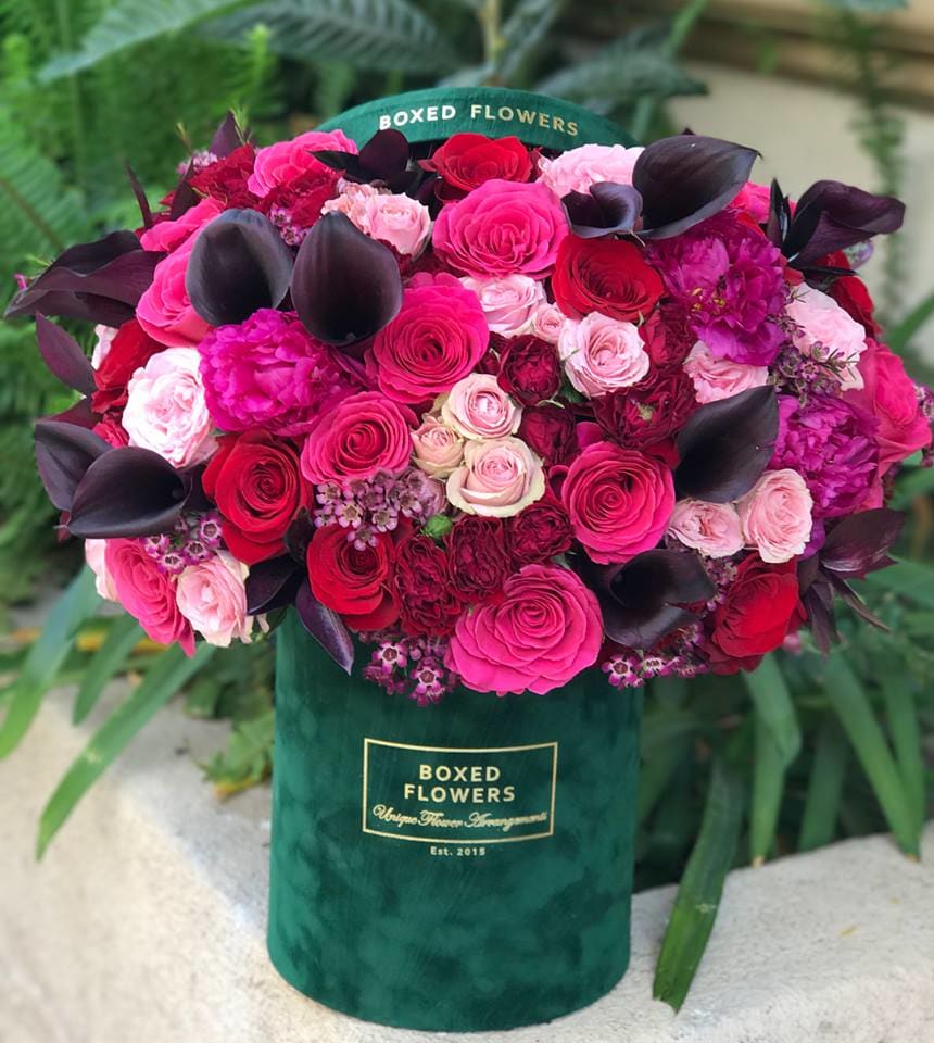 Boxed bouquet of pink and red roses with dark leaves
