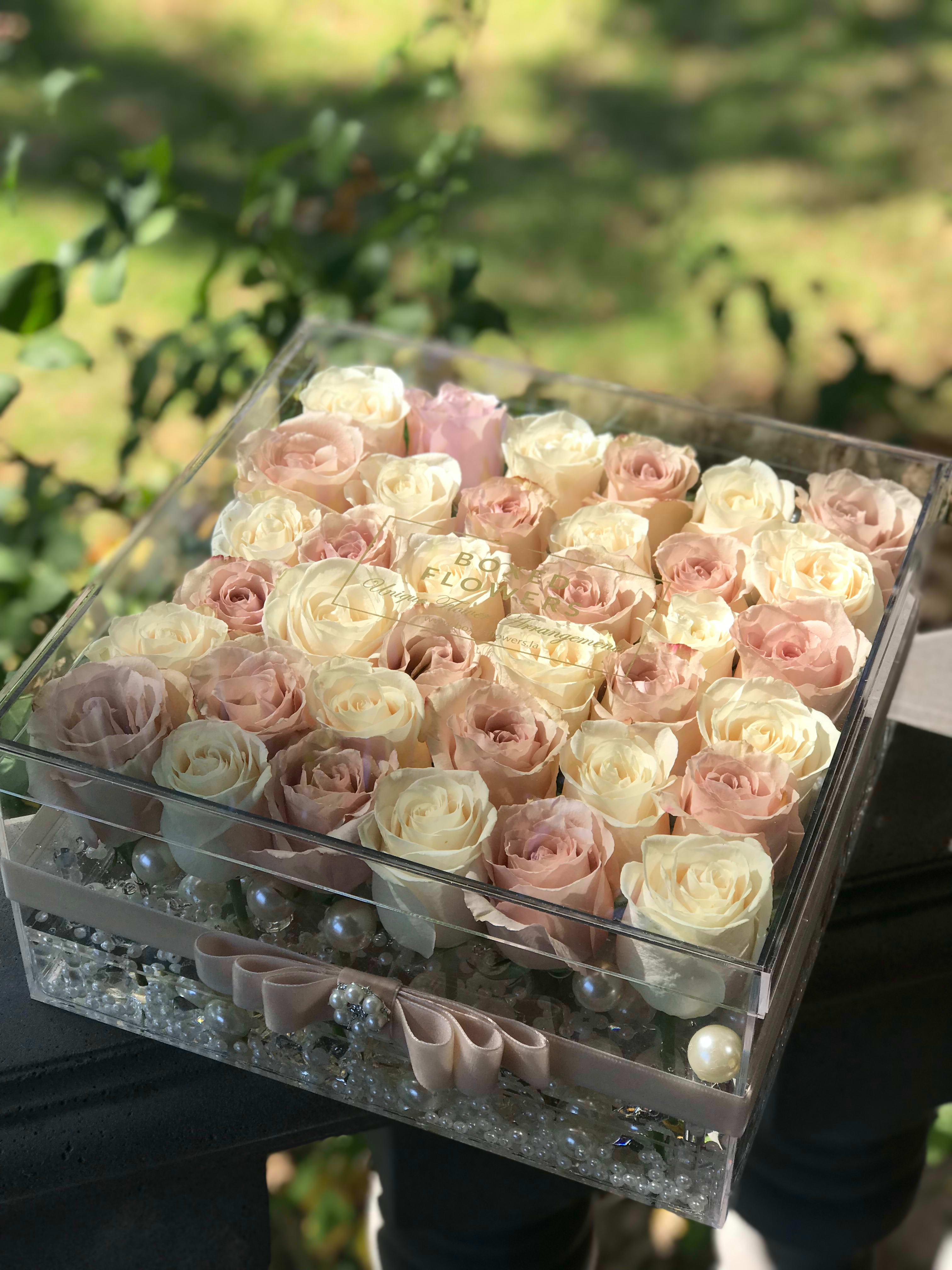 Box of blush and cream roses with a clear lid and ribbon trim