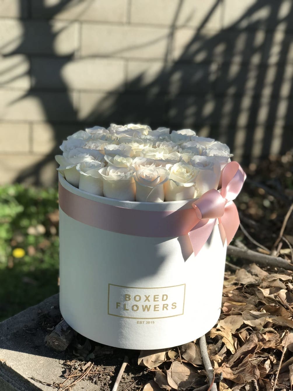 White roses in a round box with a pink ribbon