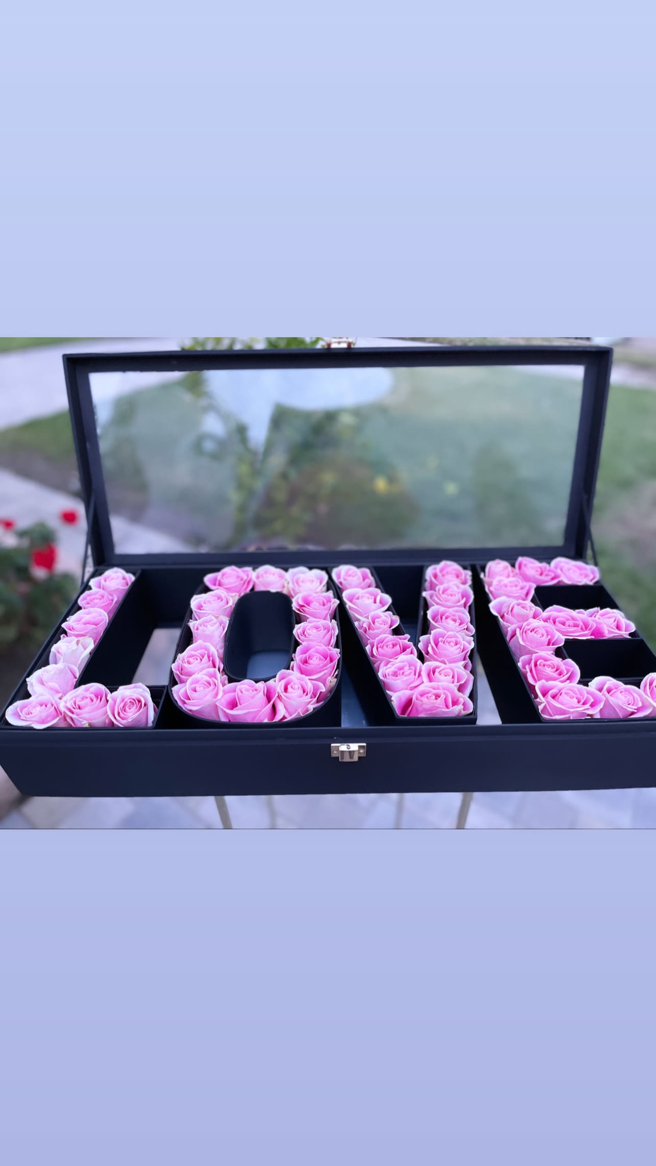 Pink roses arranged to spell LOVE in a black box