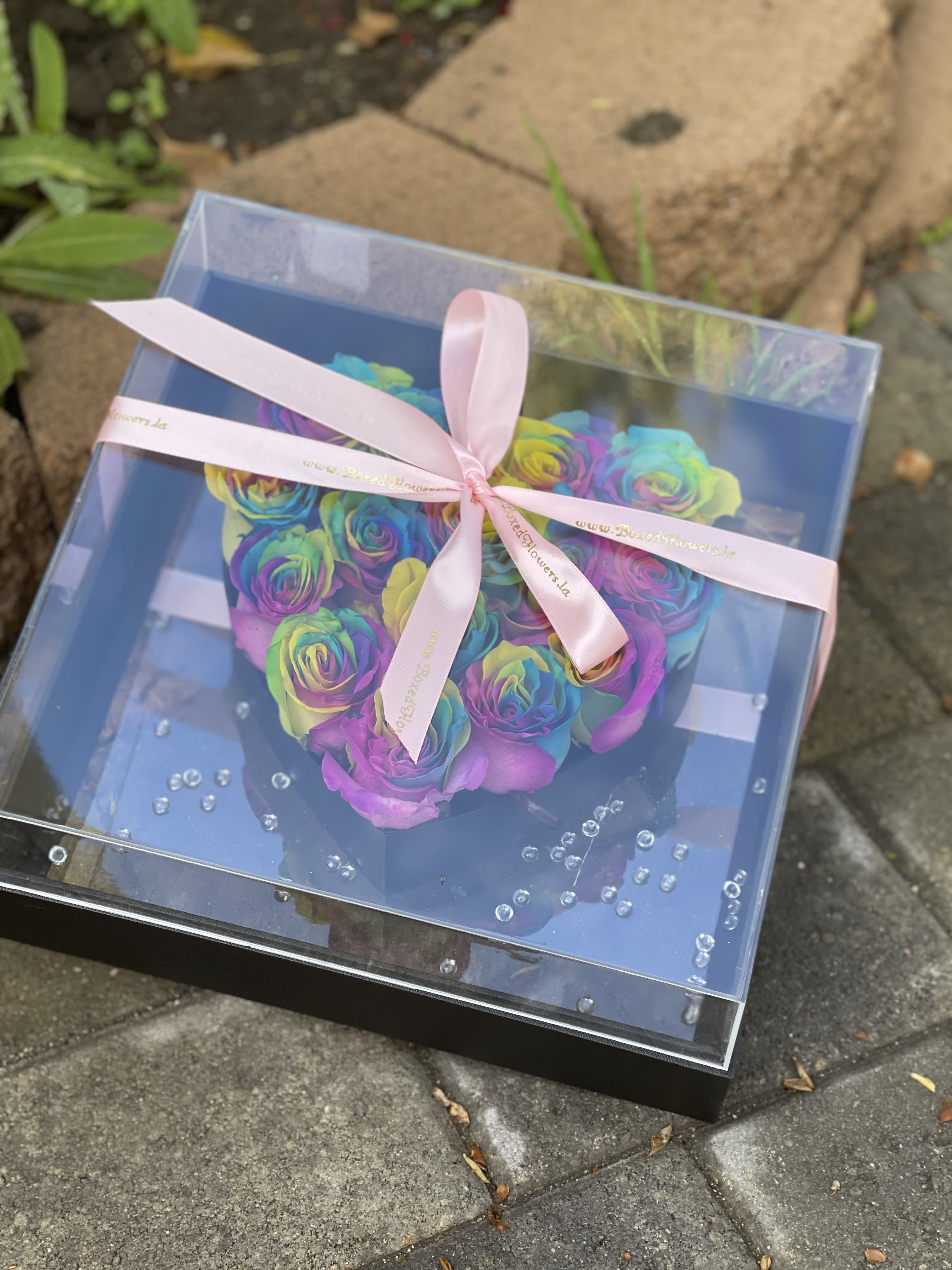 Rainbow roses in a clear gift box tied with a pink ribbon