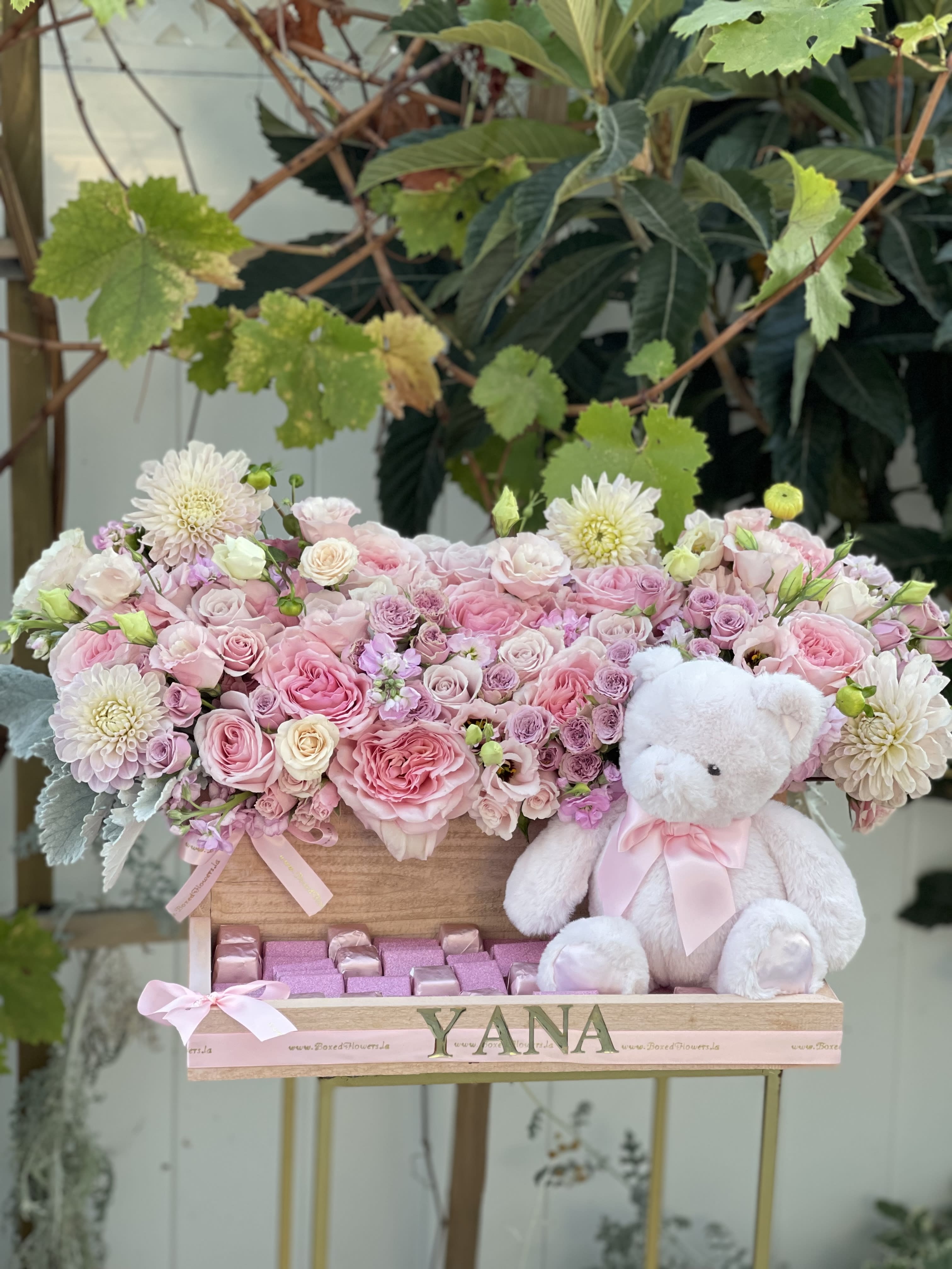 Baby girl basket - Newborn baby wooden basket with chocolates flowers and teddy bear.   If you would like a boys version please mention it at the special instructions section at checkout. 