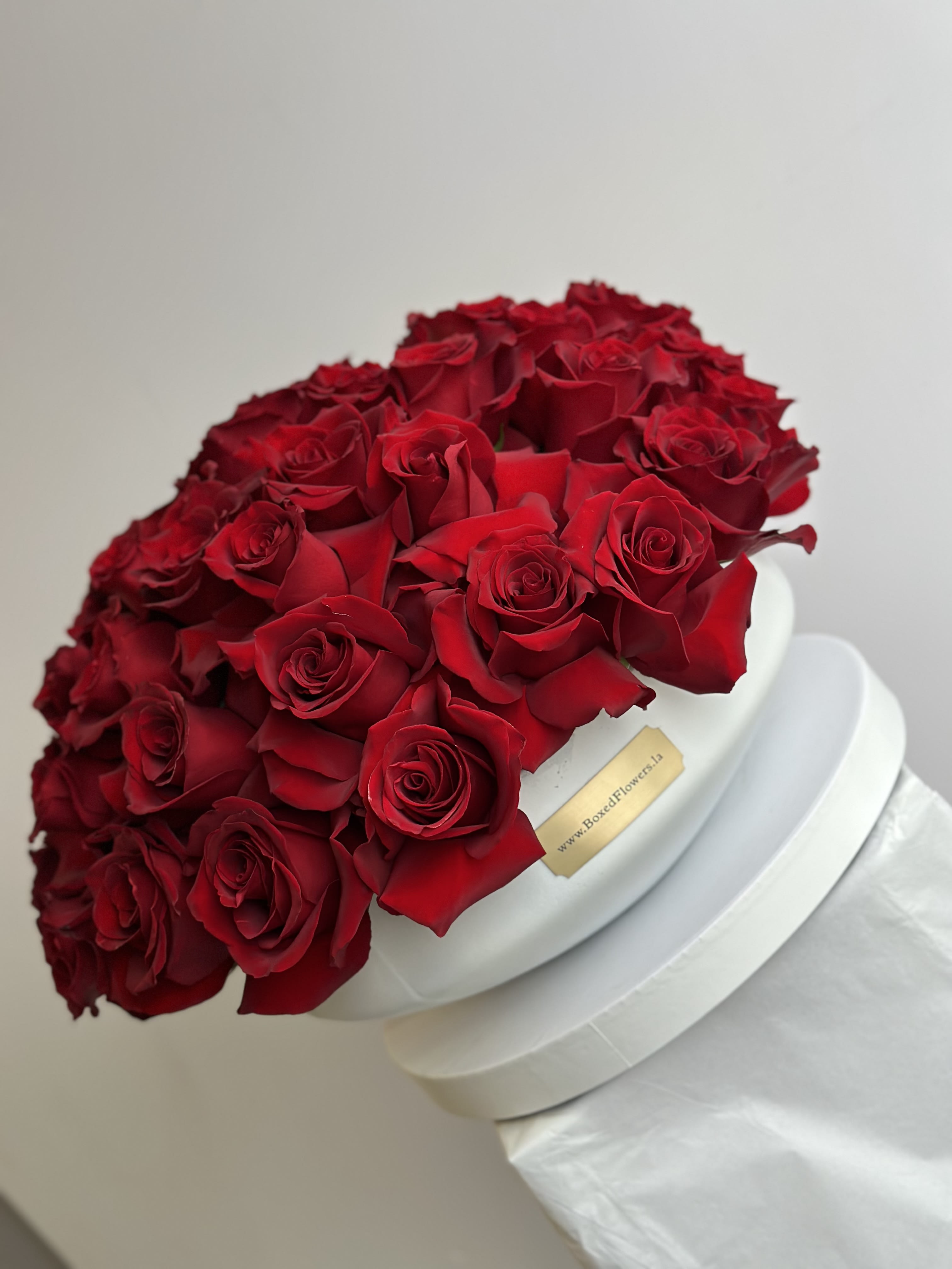 Glamour chic 50 rose - 50 beautiful red roses nicely arranged in a white cement vase. 