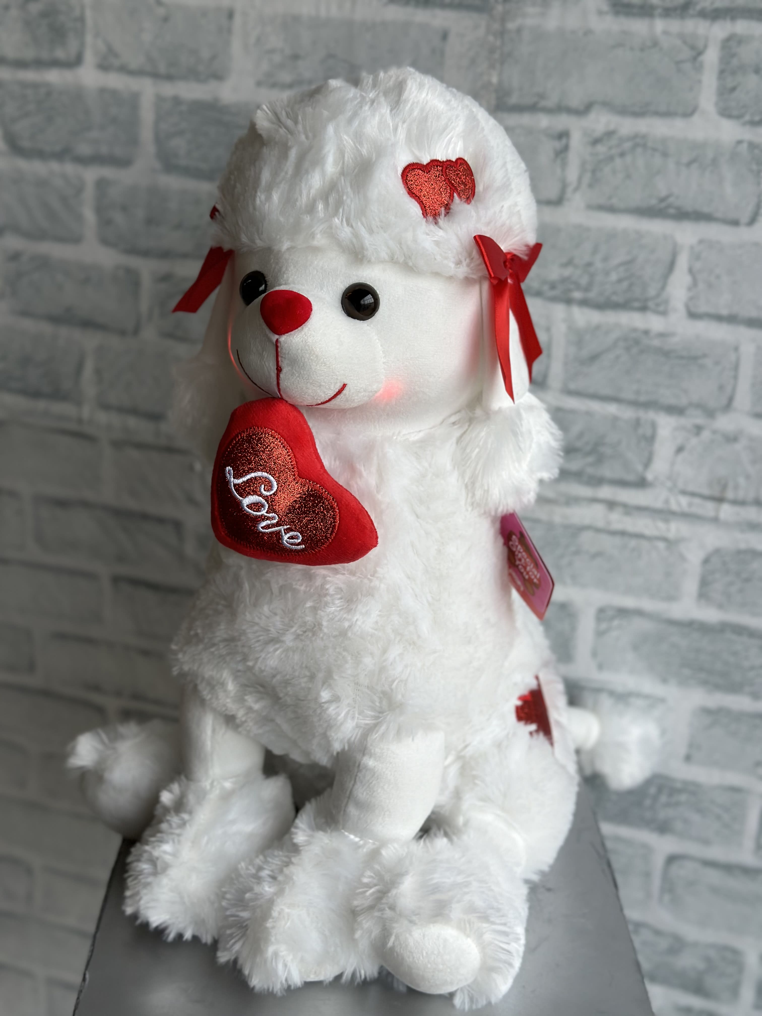 White plush teddy bear holding a red heart with ribbons
