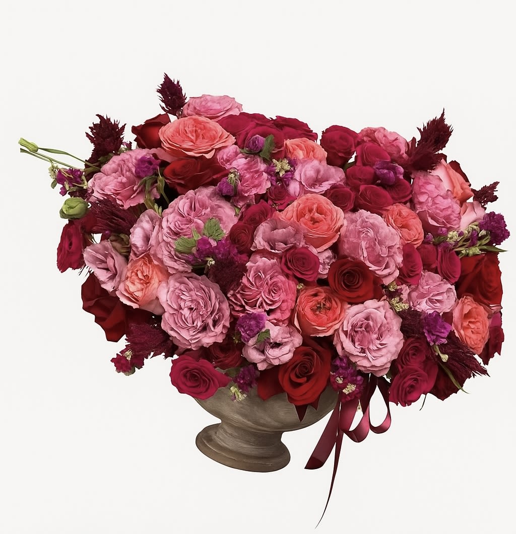 Large pink and red rose arrangement in a pedestal vase