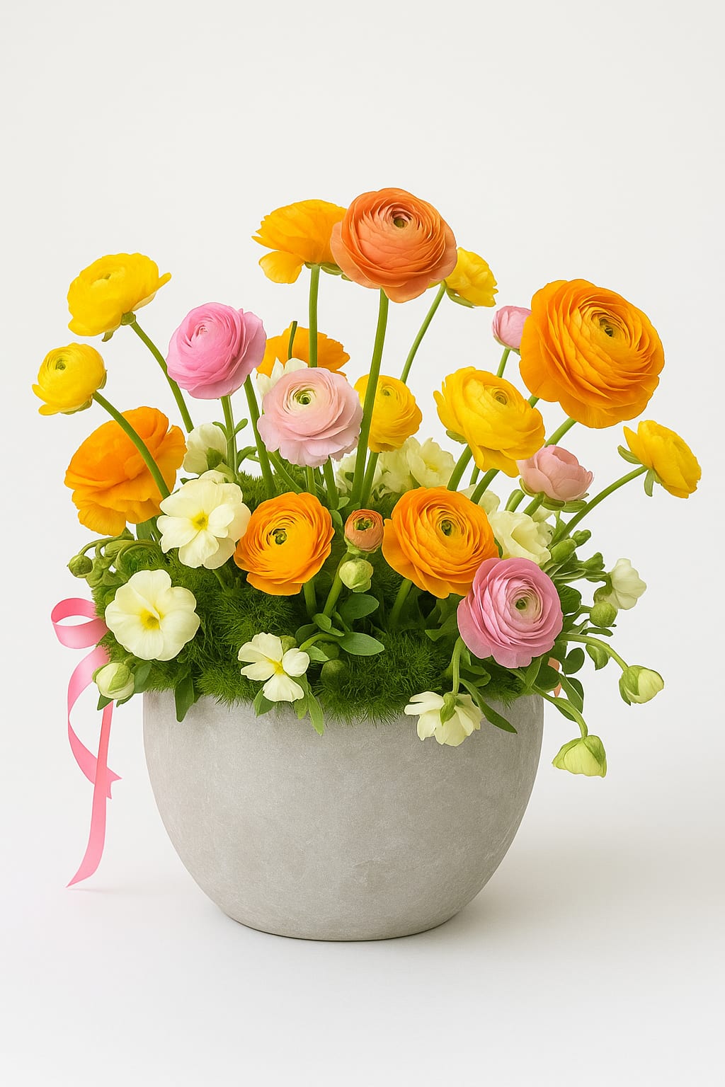 Colorful ranunculus arrangement in a gray pot with a pink ribbon