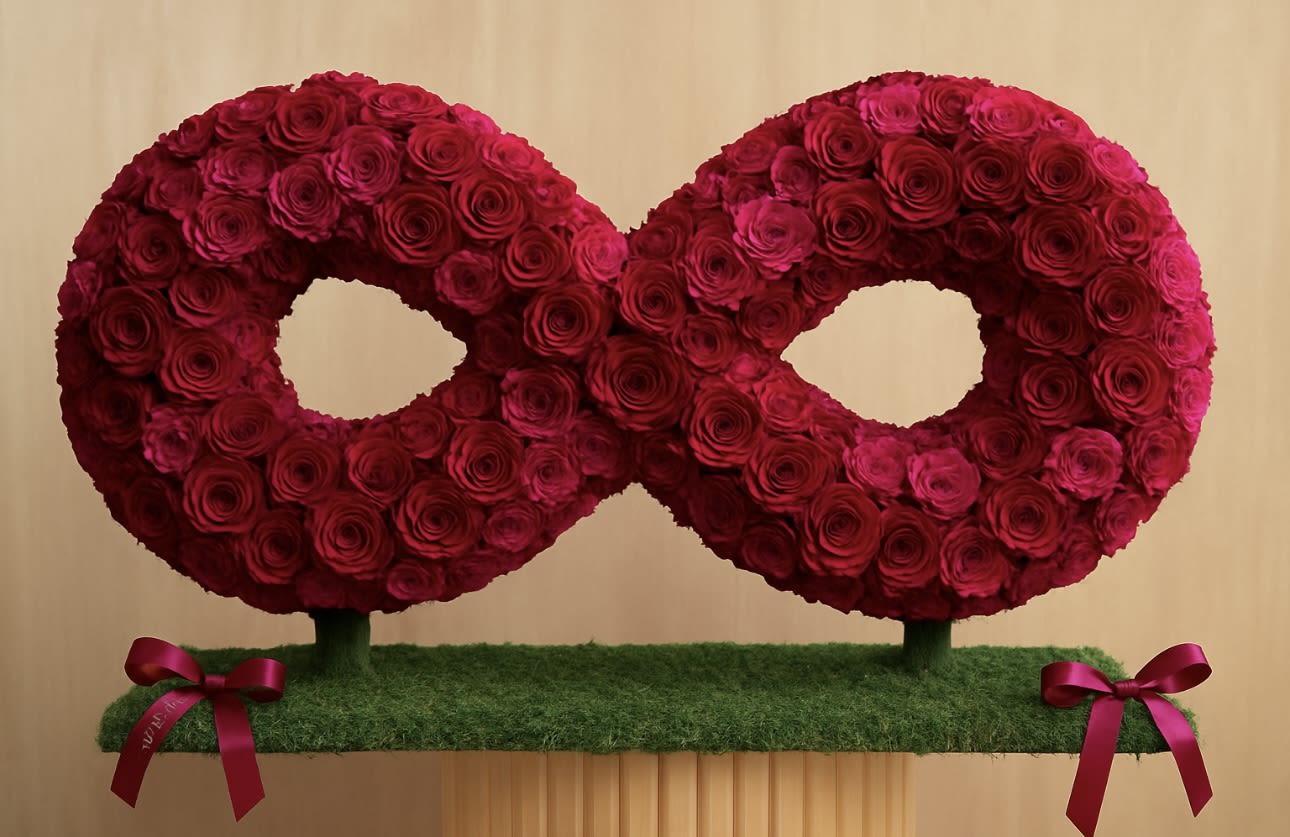 Two red rose wreaths on a grass-covered base with pink ribbons
