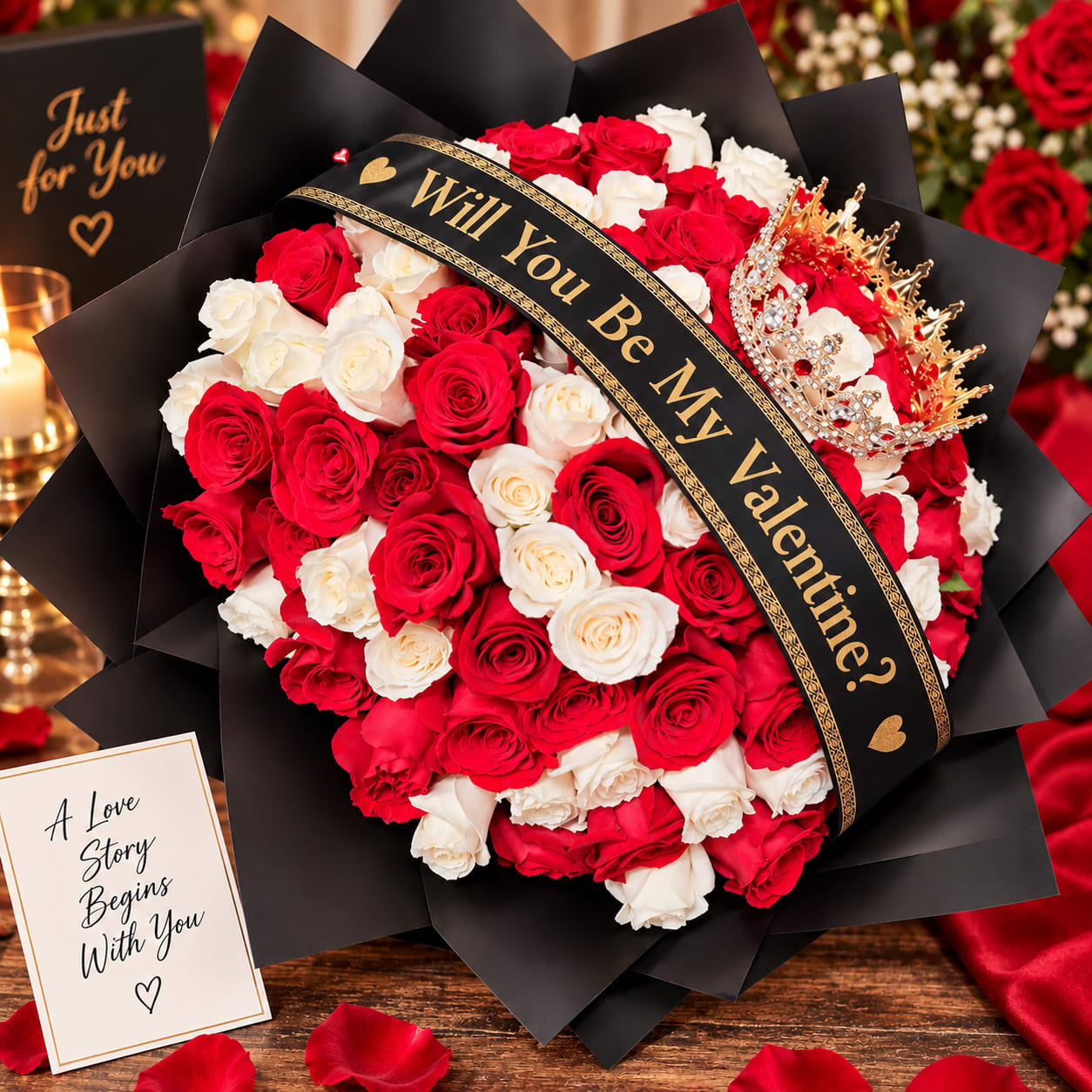 Red and white rose bouquet with a black ribbon and crown decoration