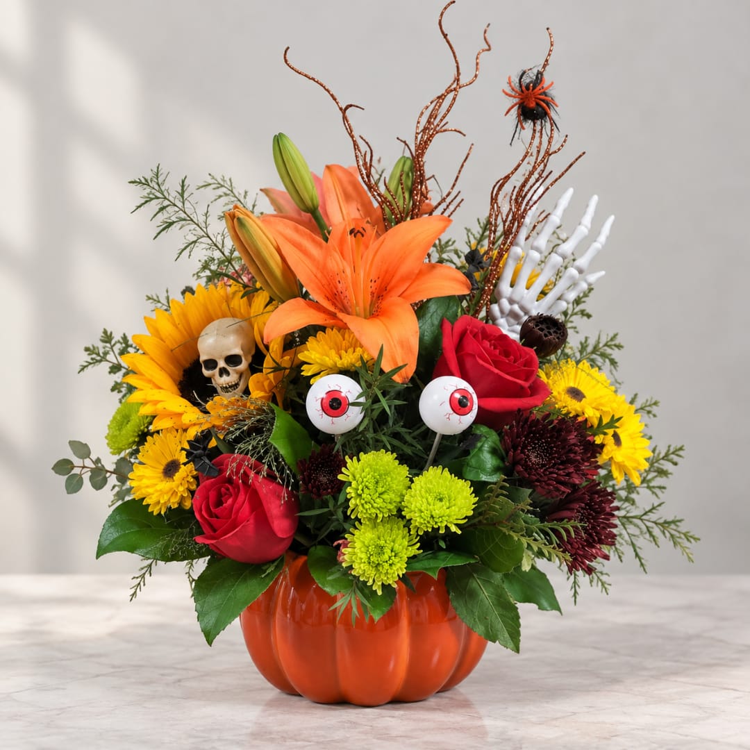Halloween bouquet in an orange pumpkin container with lilies, roses, and spooky accents