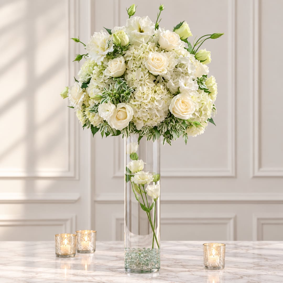 White rose and hydrangea arrangement in a tall glass vase