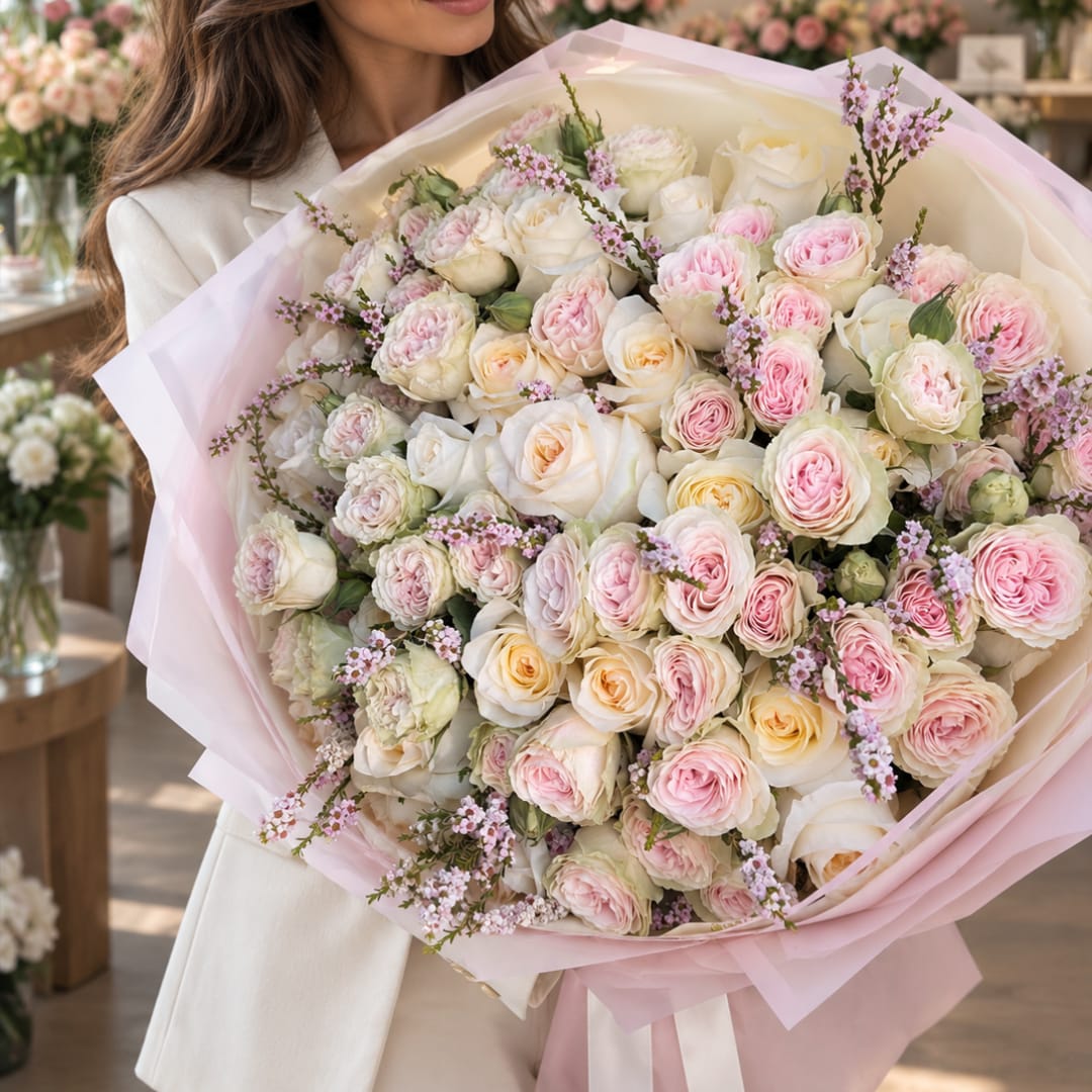 Woman holding a large bouquet of pale pink and white roses wrapped in pink paper