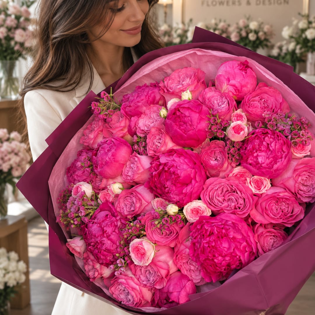 Woman holding a large bouquet of bright pink flowers wrapped in purple paper