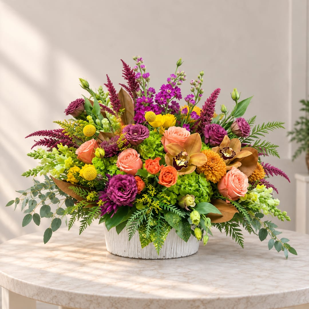 Colorful mixed flower arrangement in a white container