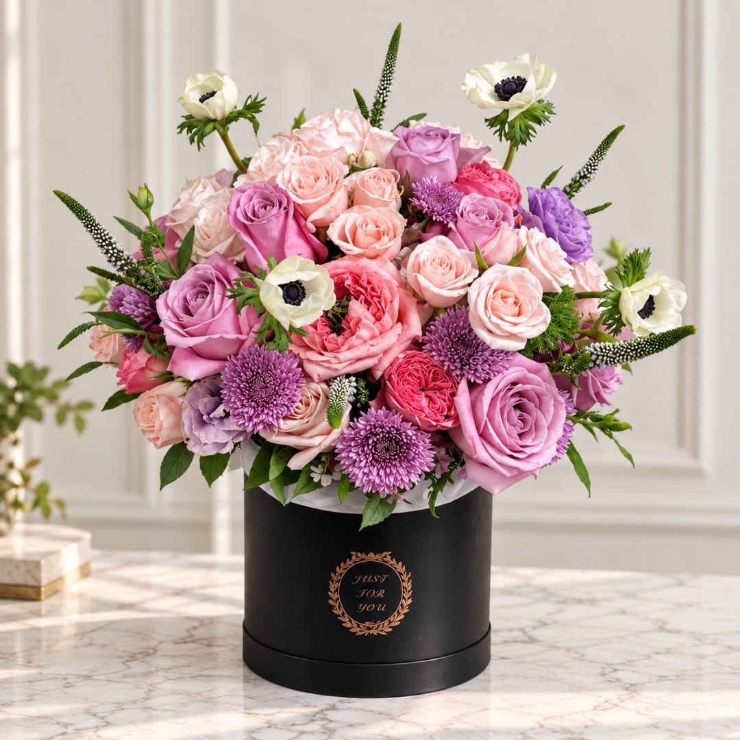 Pink and lavender roses with purple blooms in a black hatbox