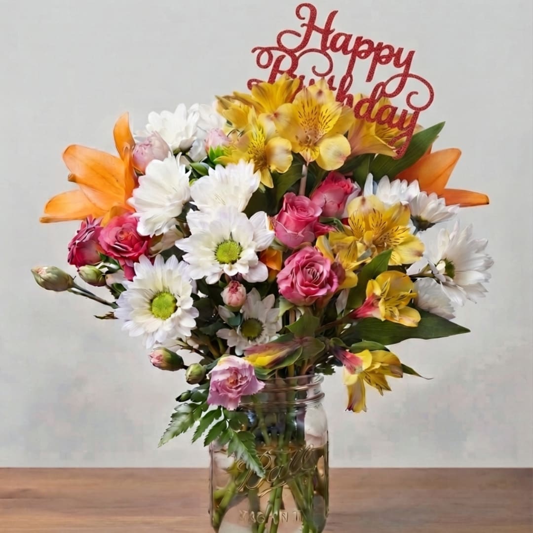 Mixed bouquet of daisies, roses, and alstroemeria in a glass jar with a birthday sign