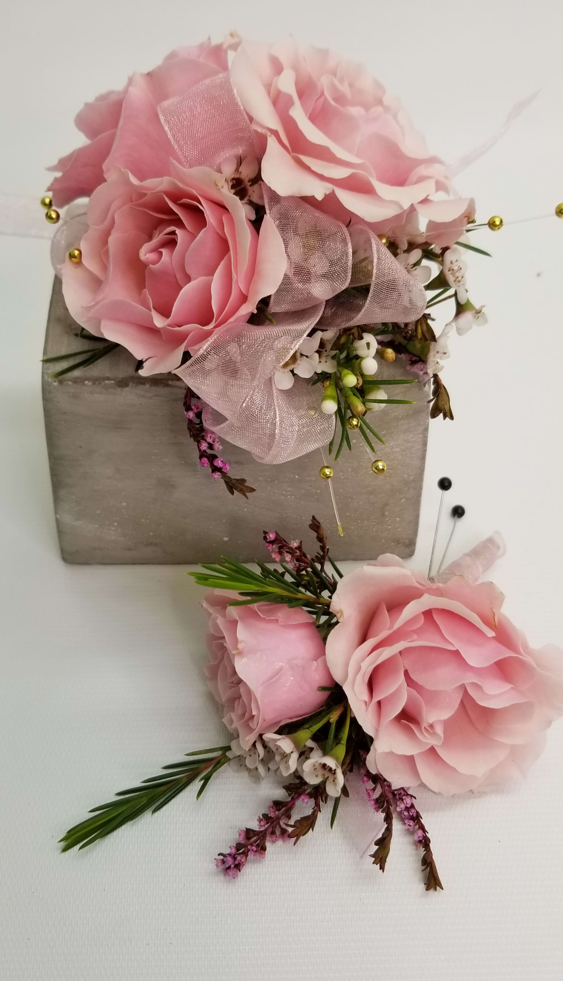 Pink Corsage and Bout Set - Pink spray roses, wax flower, copper pearls, greens, soft pink ribbon. Standard elastic wristlet. Corsage and boutonniere set.  