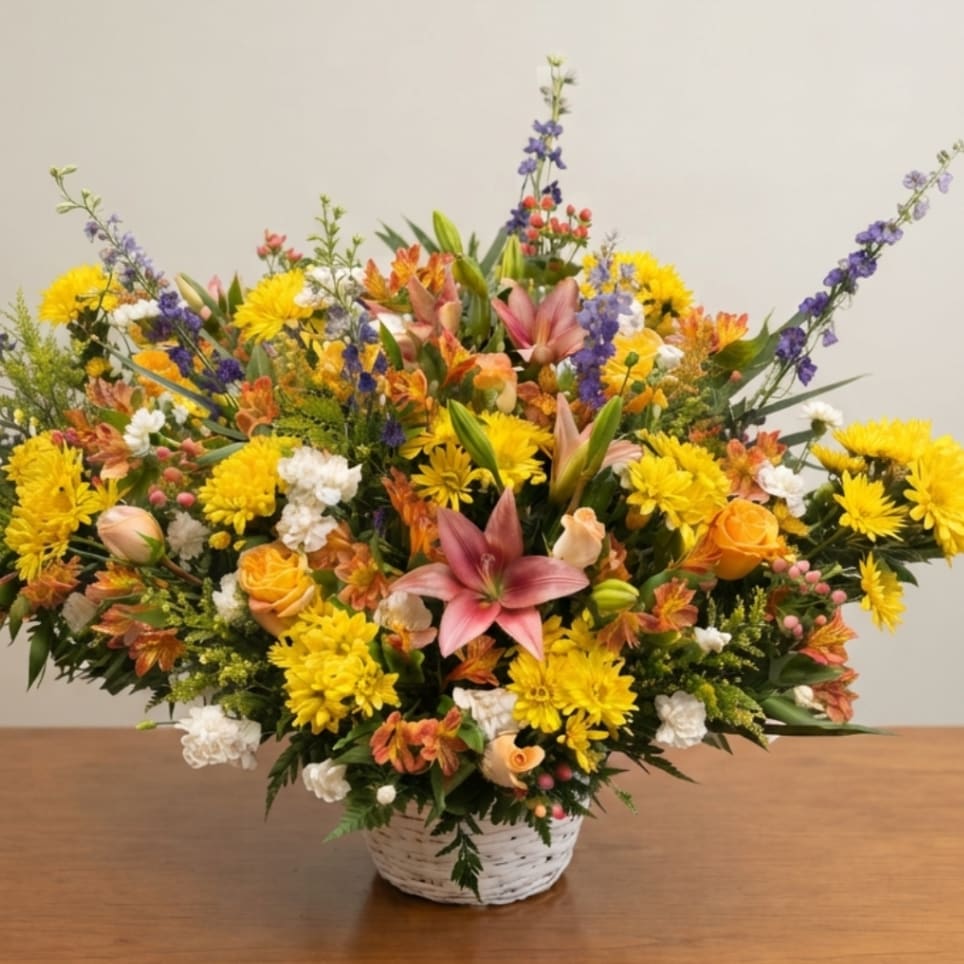 Large mixed flower arrangement in a white basket with yellow, pink, orange, and purple blooms