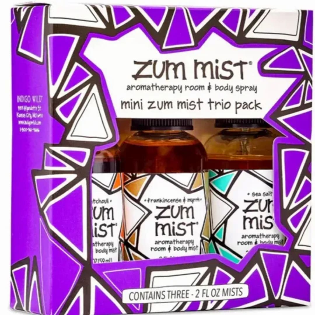 Boxed trio pack of Zum Mist room and body sprays in purple packaging