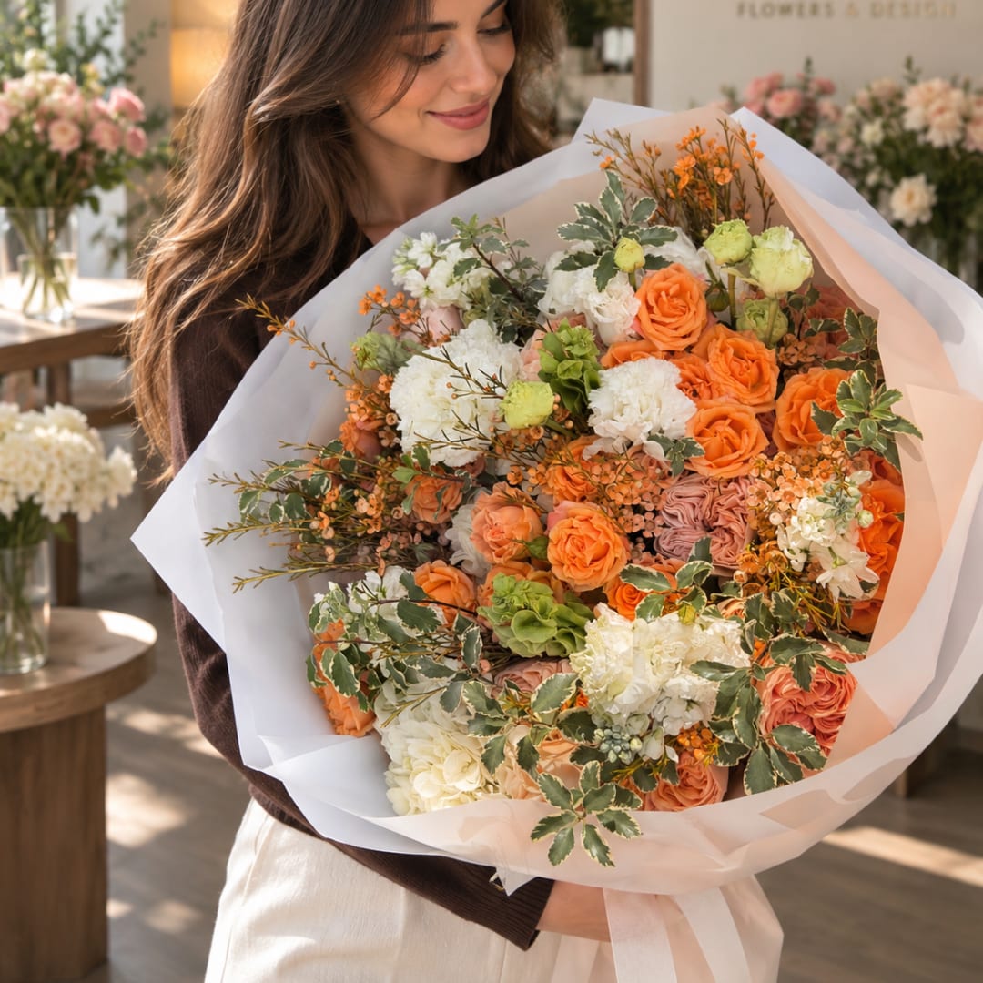 Woman holding a large bouquet of orange and white flowers wrapped in pale paper